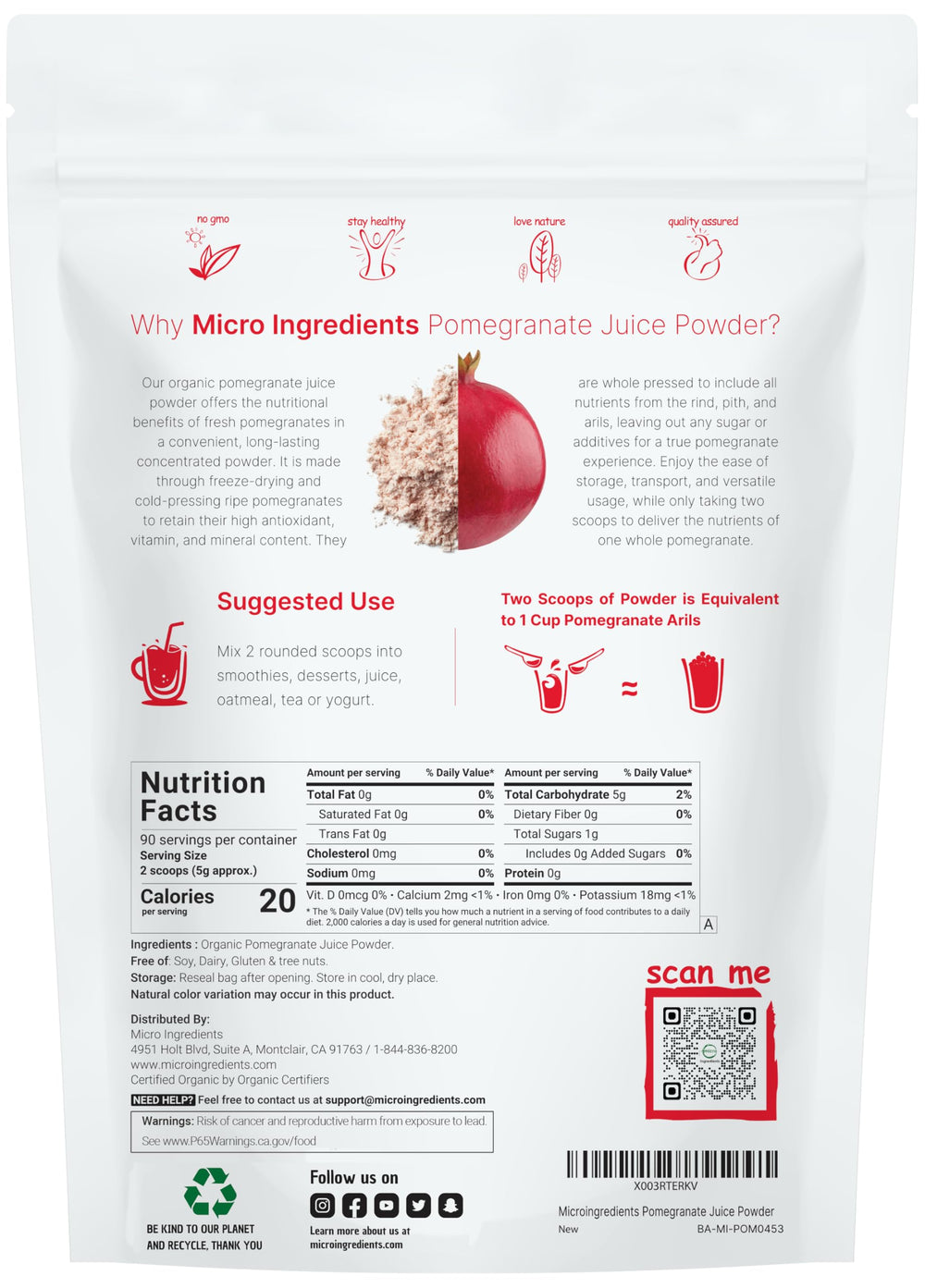 Micro Ingredients pomegranate powder with scoop for precise daily dosing in shakes.