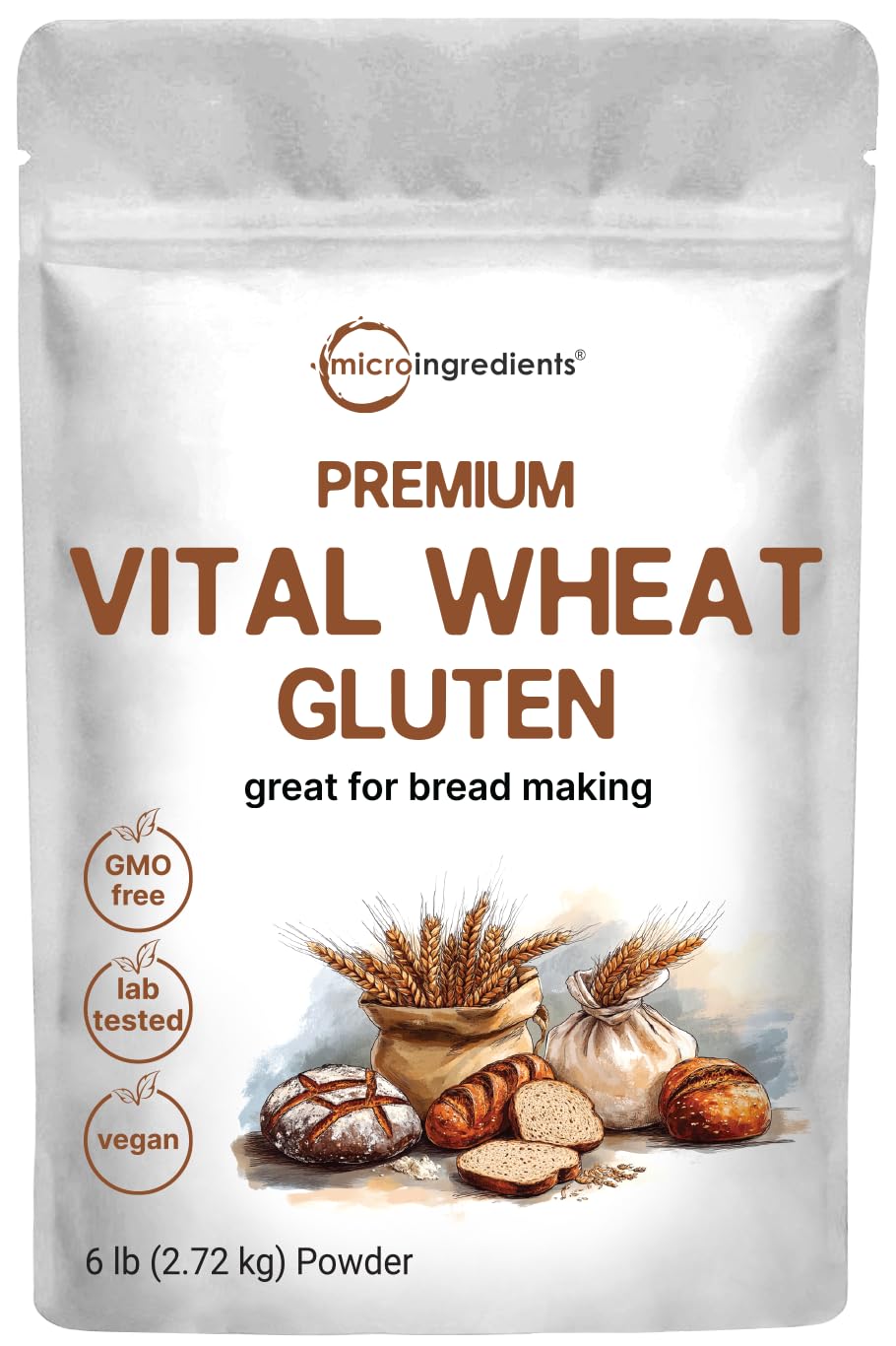 Micro Ingredients Premium Vital Wheat Gluten 6lb bag for bulk baking and dough elasticity.
