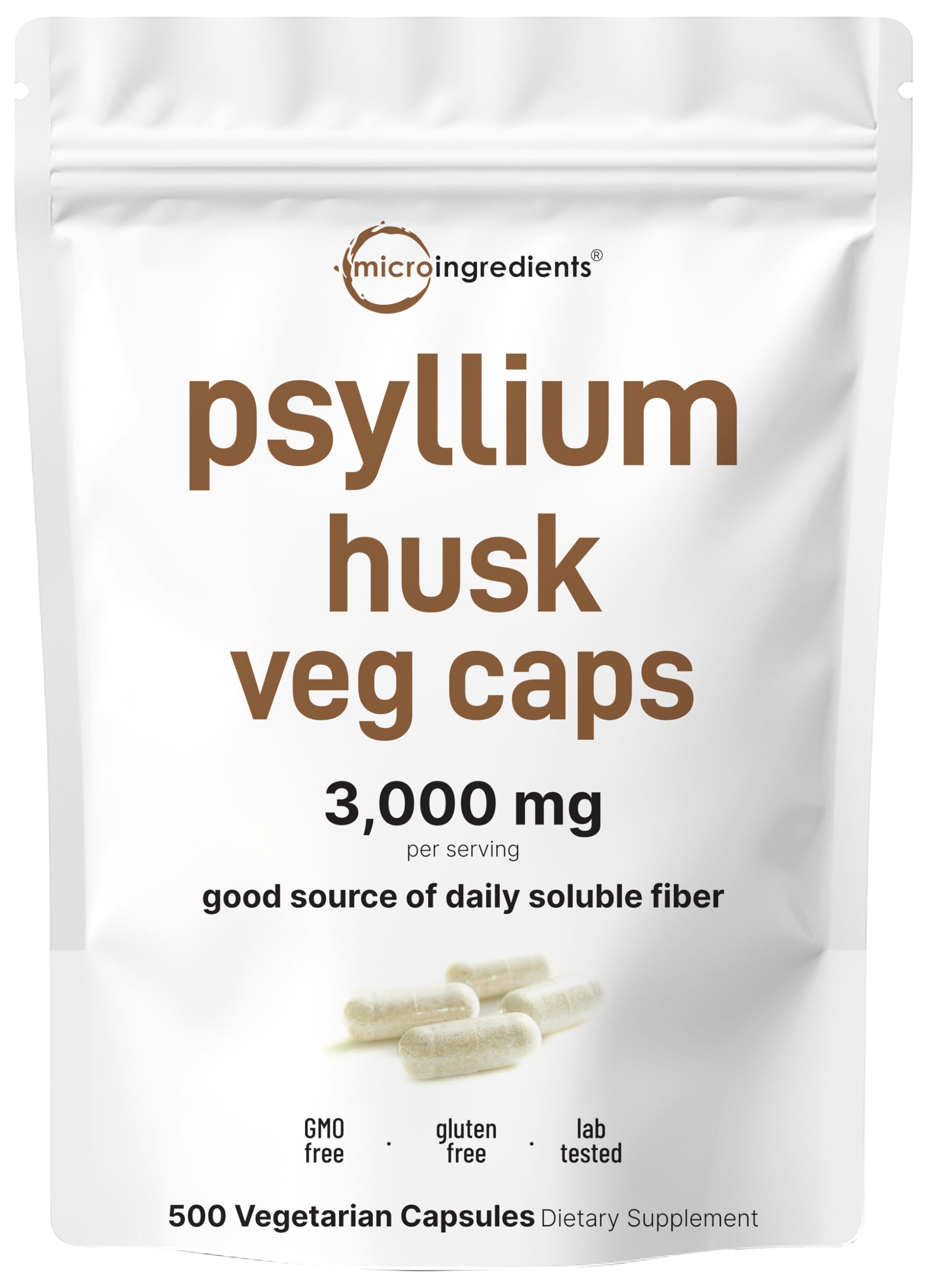Micro Ingredients psyllium husk capsules bottle showing high-strength soluble fiber option
