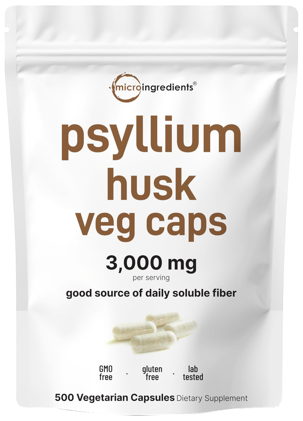 Micro Ingredients psyllium husk capsules bottle showing high-strength soluble fiber option