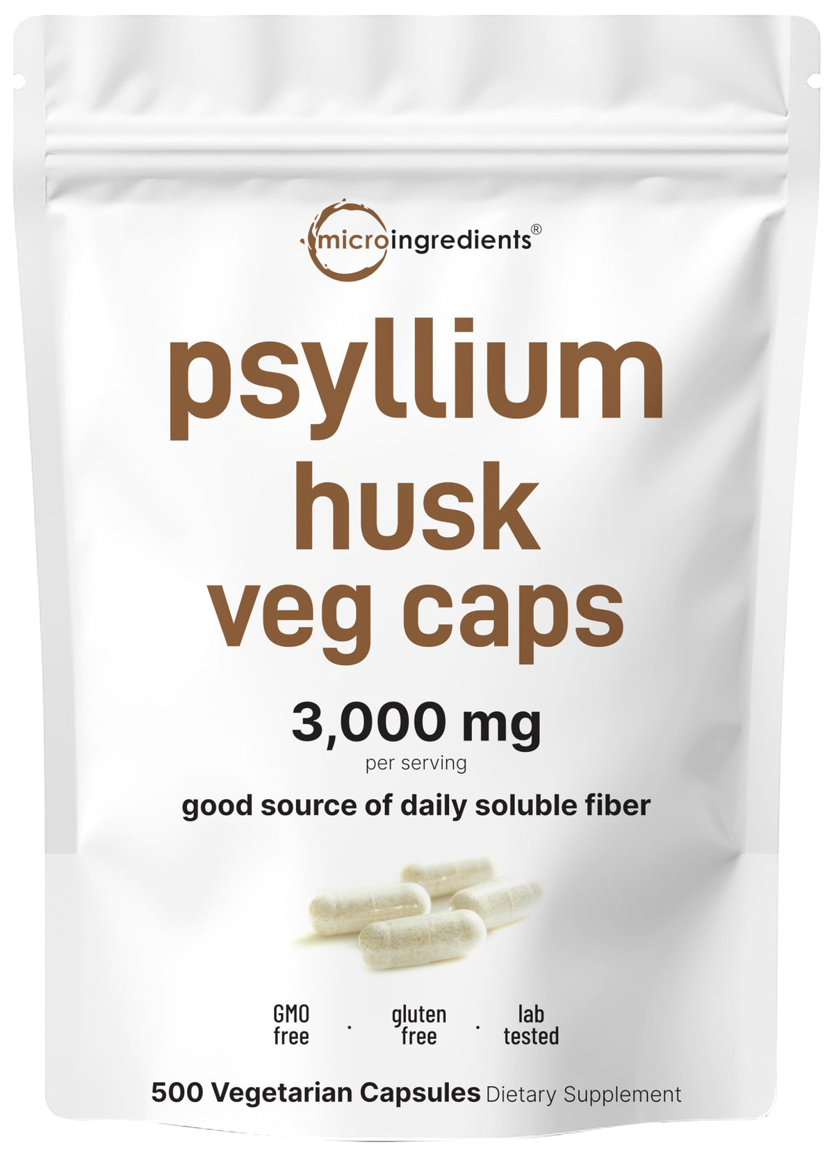 Micro Ingredients psyllium husk capsules bottle showing high-strength soluble fiber option