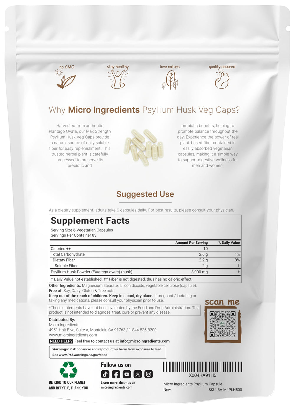 Micro Ingredients psyllium husk capsules array highlighting 500-ct supply