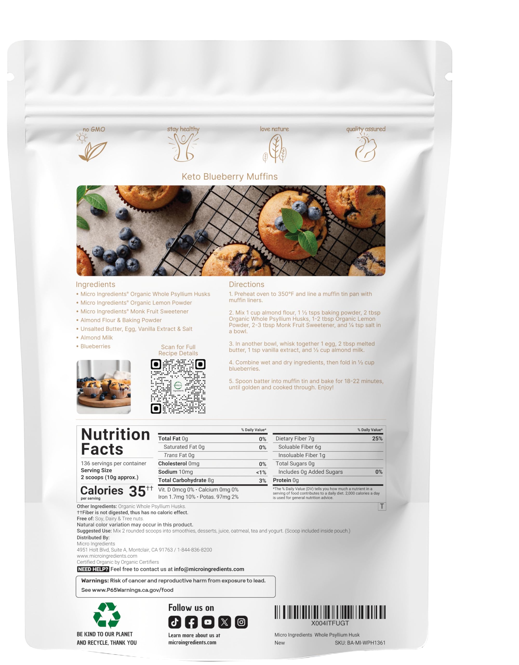 Micro Ingredients psyllium husks measuring scoop for precise servings.