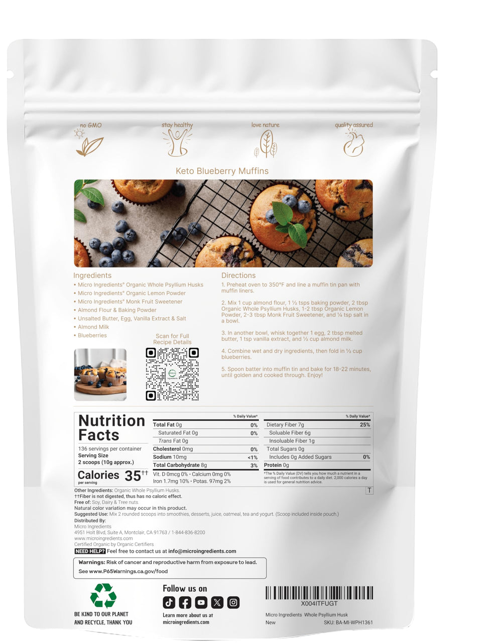 Micro Ingredients psyllium husks measuring scoop for precise servings.