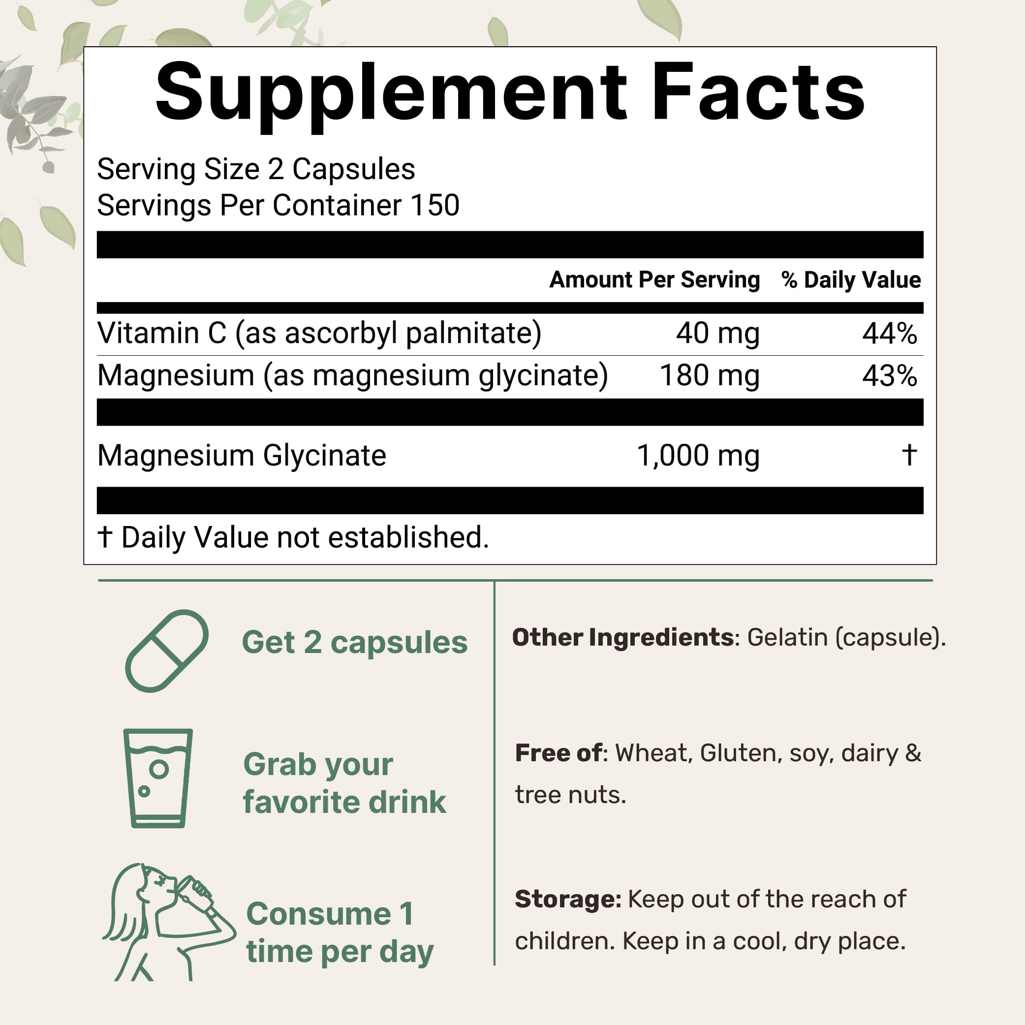 Micro Ingredients Magnesium Glycinate bottle back label with dosage and ingredients.