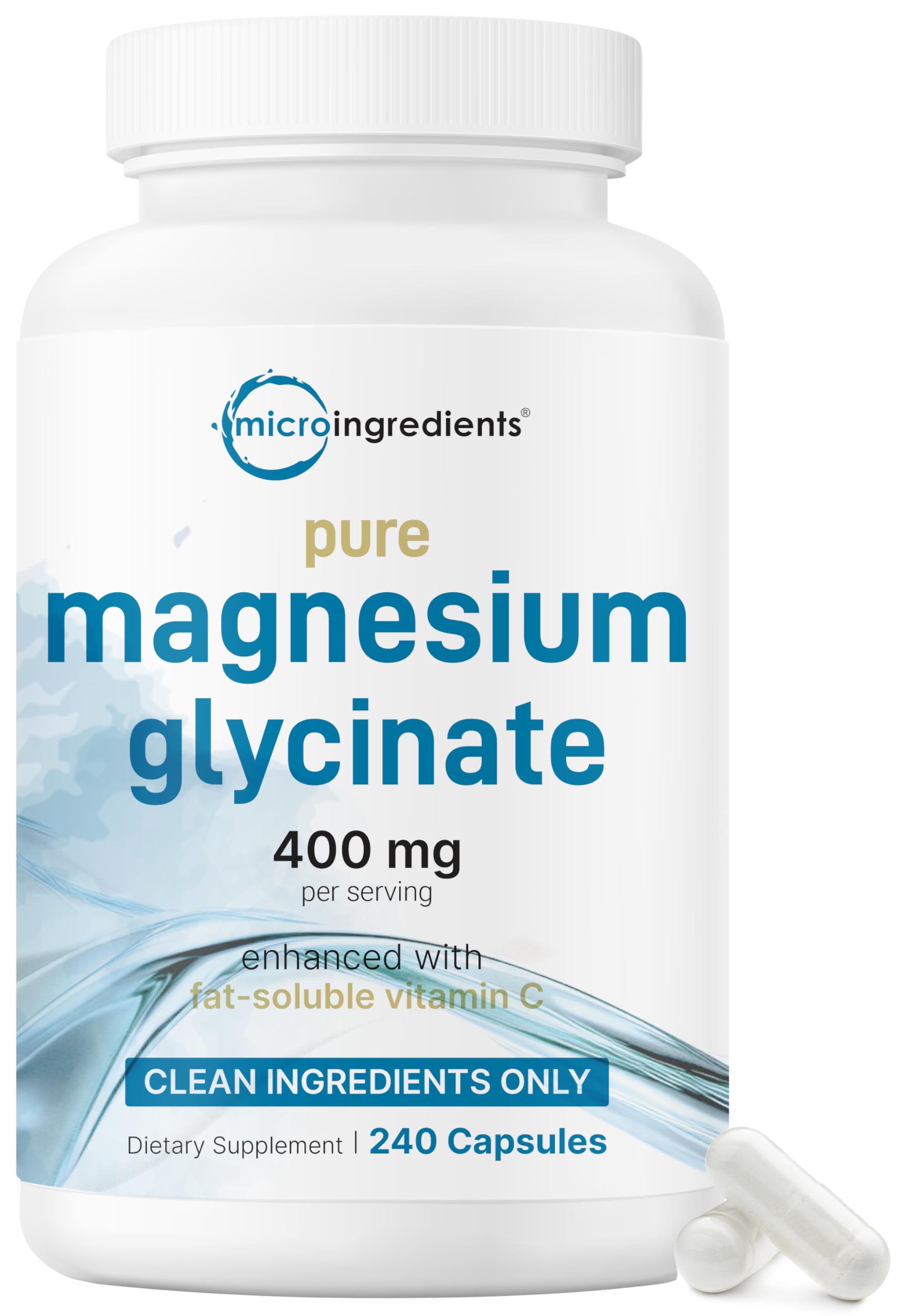 Micro Ingredients magnesium glycinate bottle shows 400 mg per serving, chelated for gentle delivery