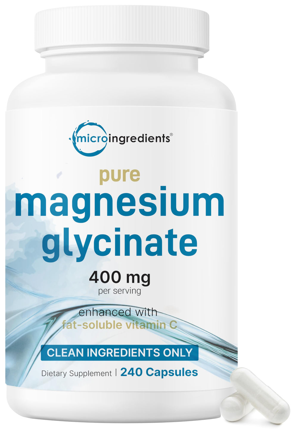 Micro Ingredients magnesium glycinate bottle shows 400 mg per serving, chelated for gentle delivery