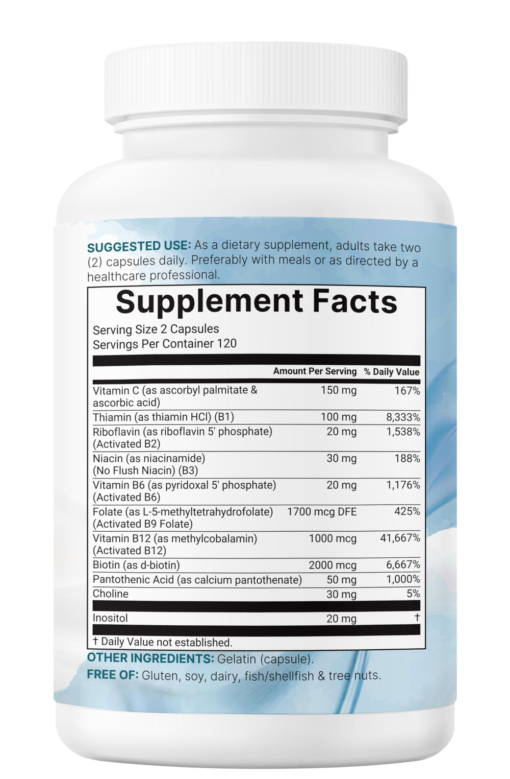 Ingredients area highlights methylfolate, methylcobalamin, and choline.