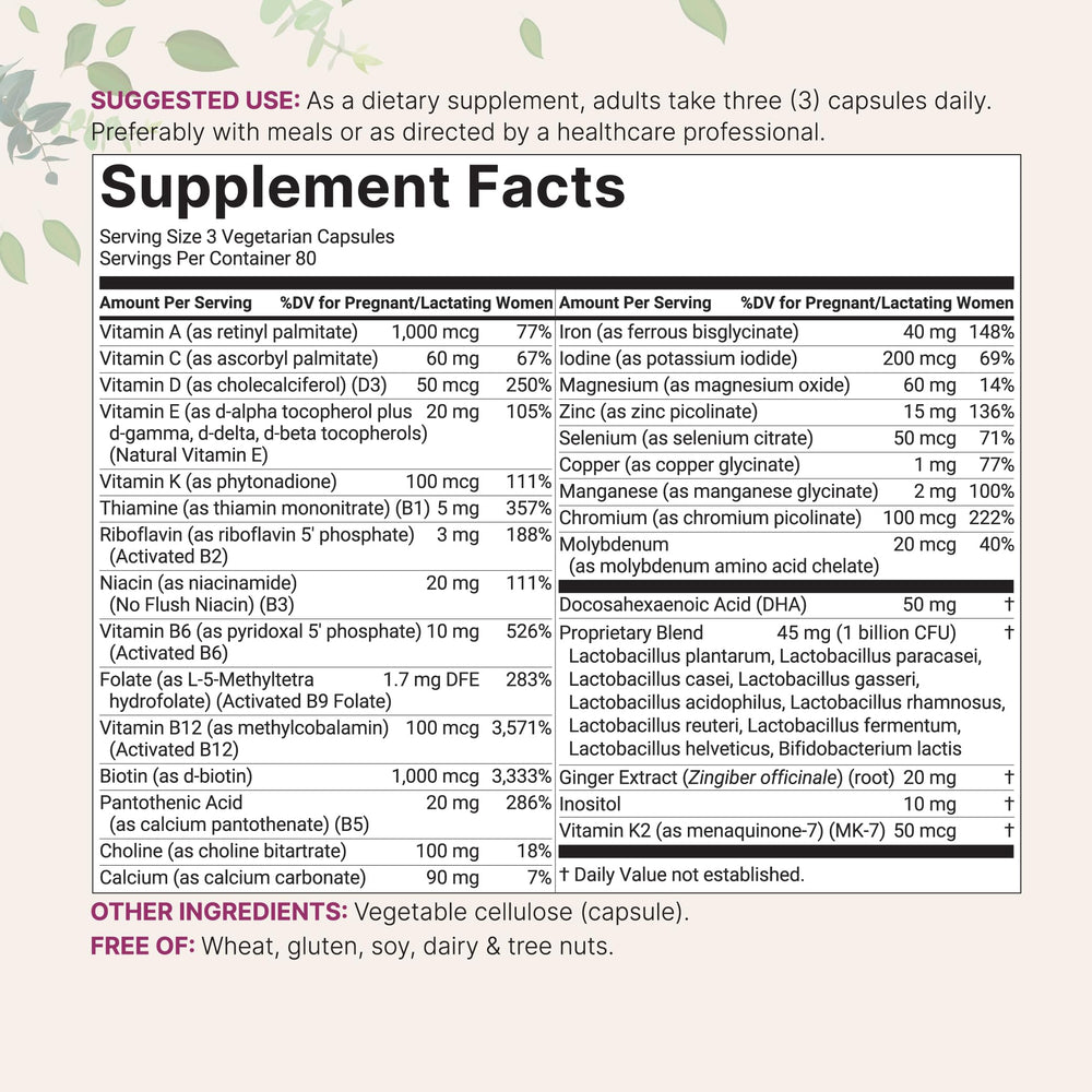 Micro Ingredients prenatal capsules closeup shows easy-to-swallow veggie capsules