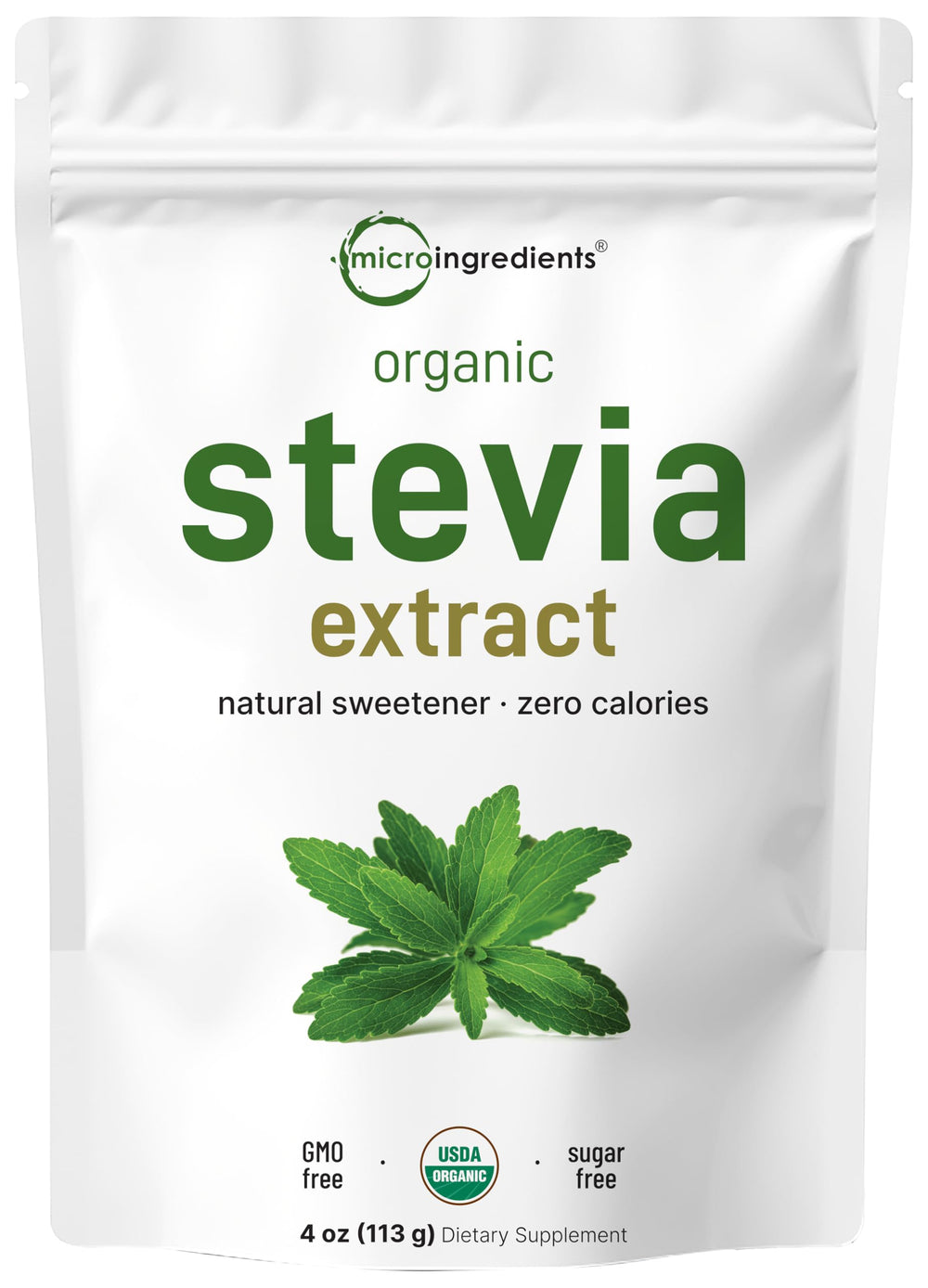 Micro Ingredients Pure Organic Stevia Powder bottle highlights Reb-A formula and zero calories.