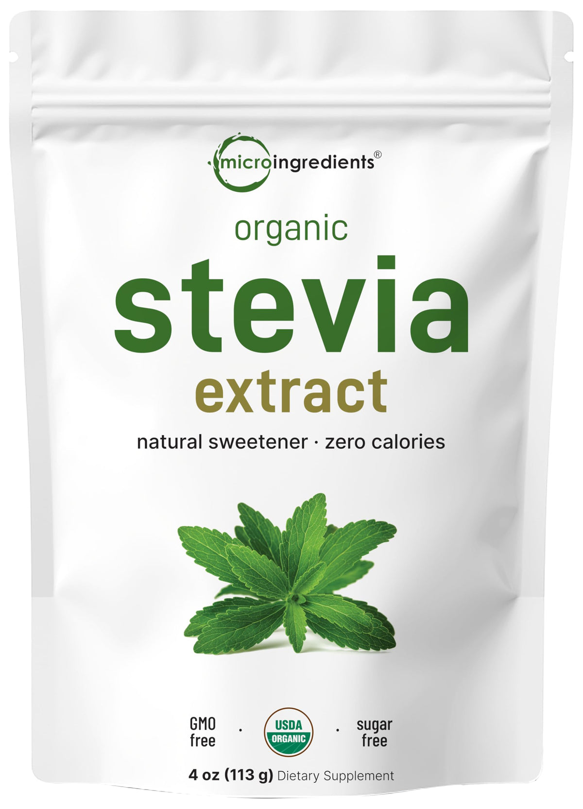 Micro Ingredients Pure Organic Stevia Powder bottle highlights Reb-A formula and zero calories.