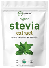 Micro Ingredients Pure Organic Stevia Powder bottle highlights Reb-A formula and zero calories.
