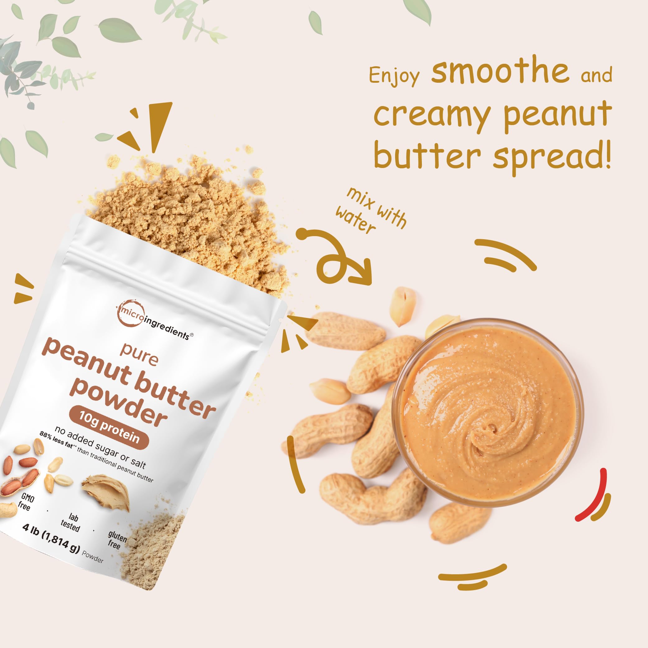 Micro Ingredients Pure PB powder label highlights non-GMO and no added sugar or salt.