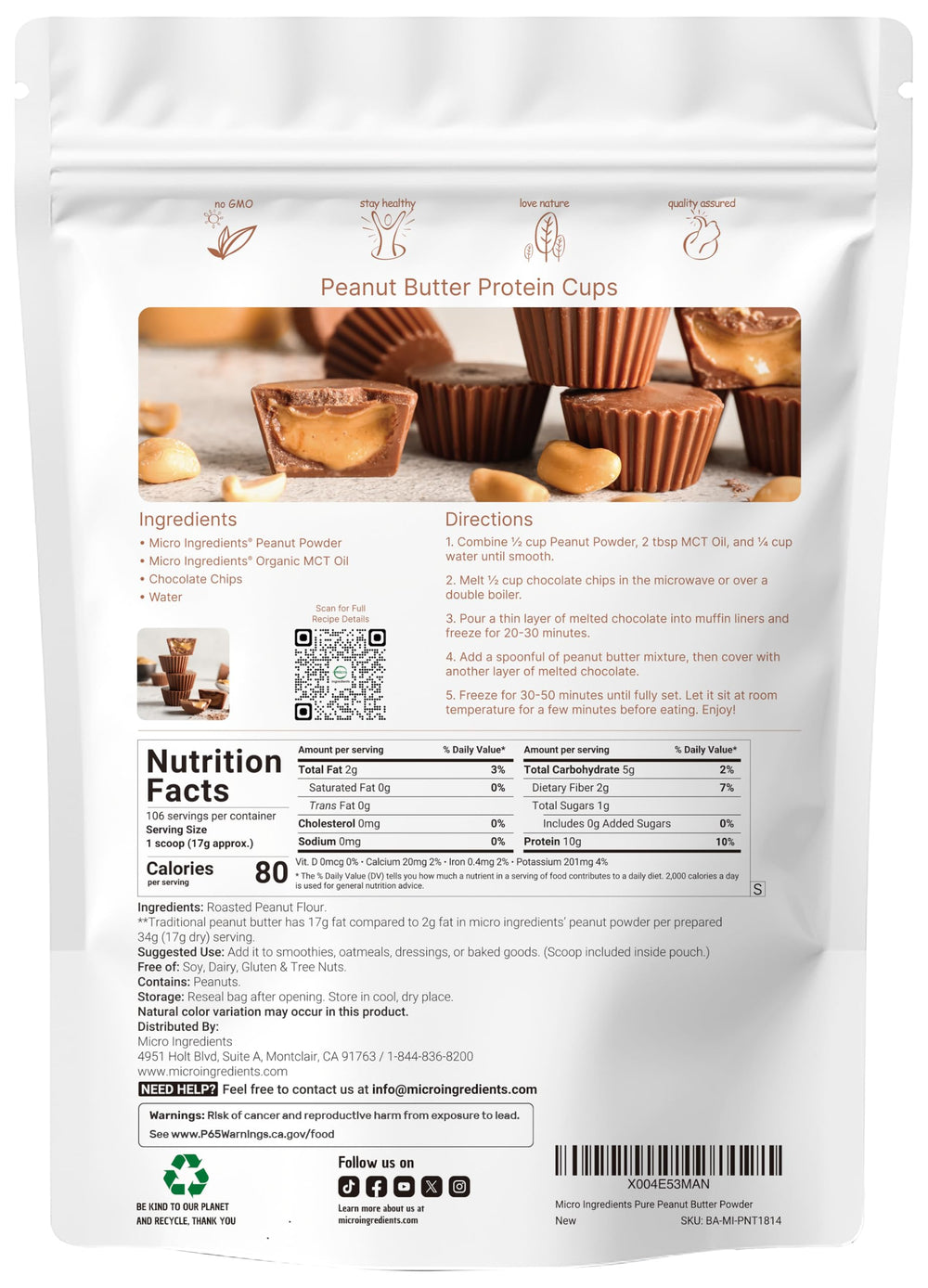 Micro Ingredients Pure PB powder scoop over a bowl for easy shake blending with peanut flavor.