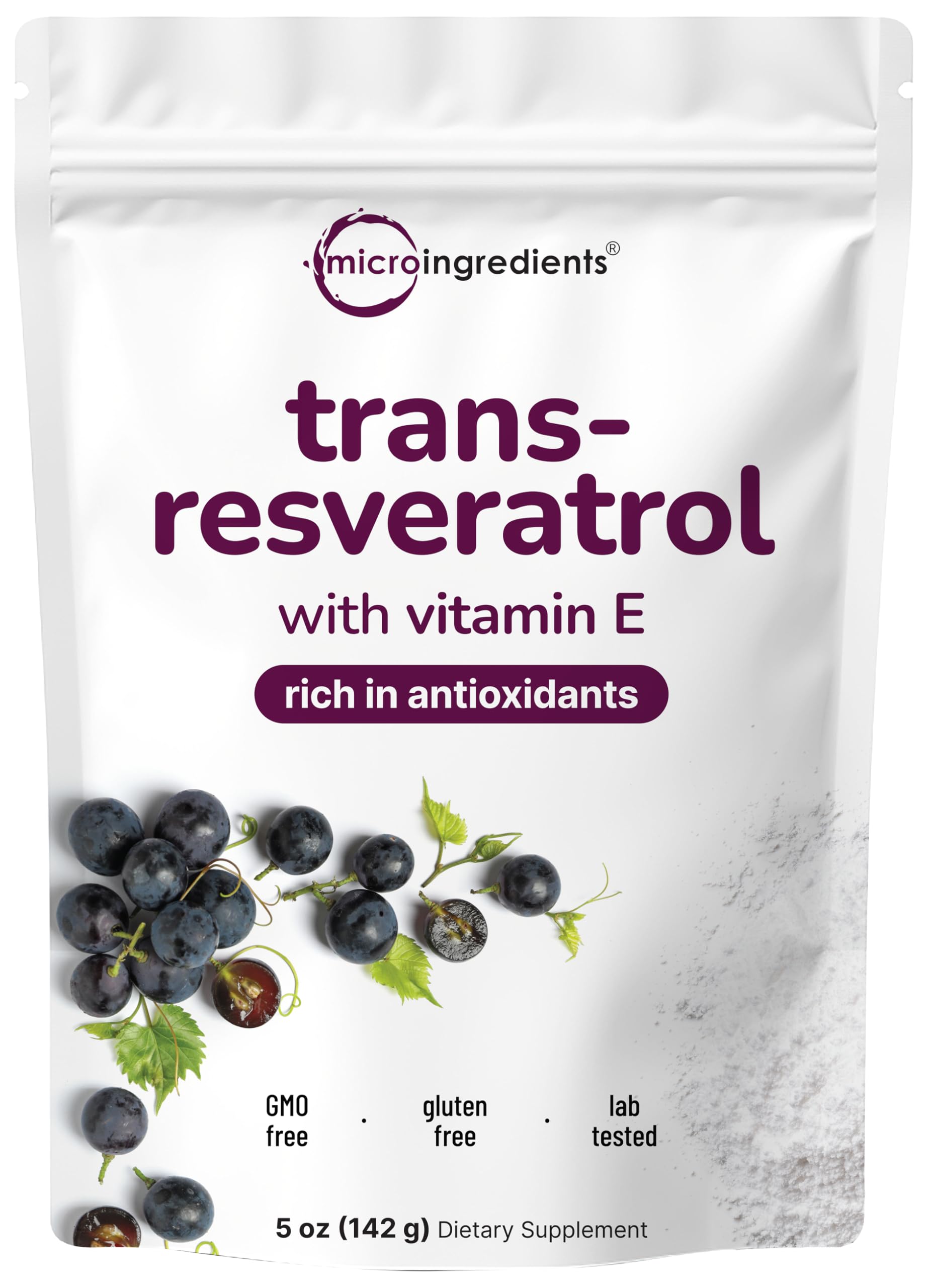 Micro Ingredients Pure Trans-Resveratrol powder bottle for antioxidant support