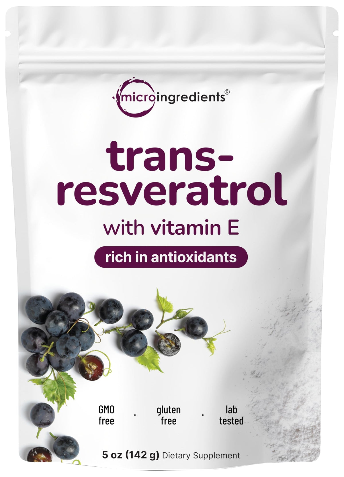 Micro Ingredients Pure Trans-Resveratrol powder bottle for antioxidant support