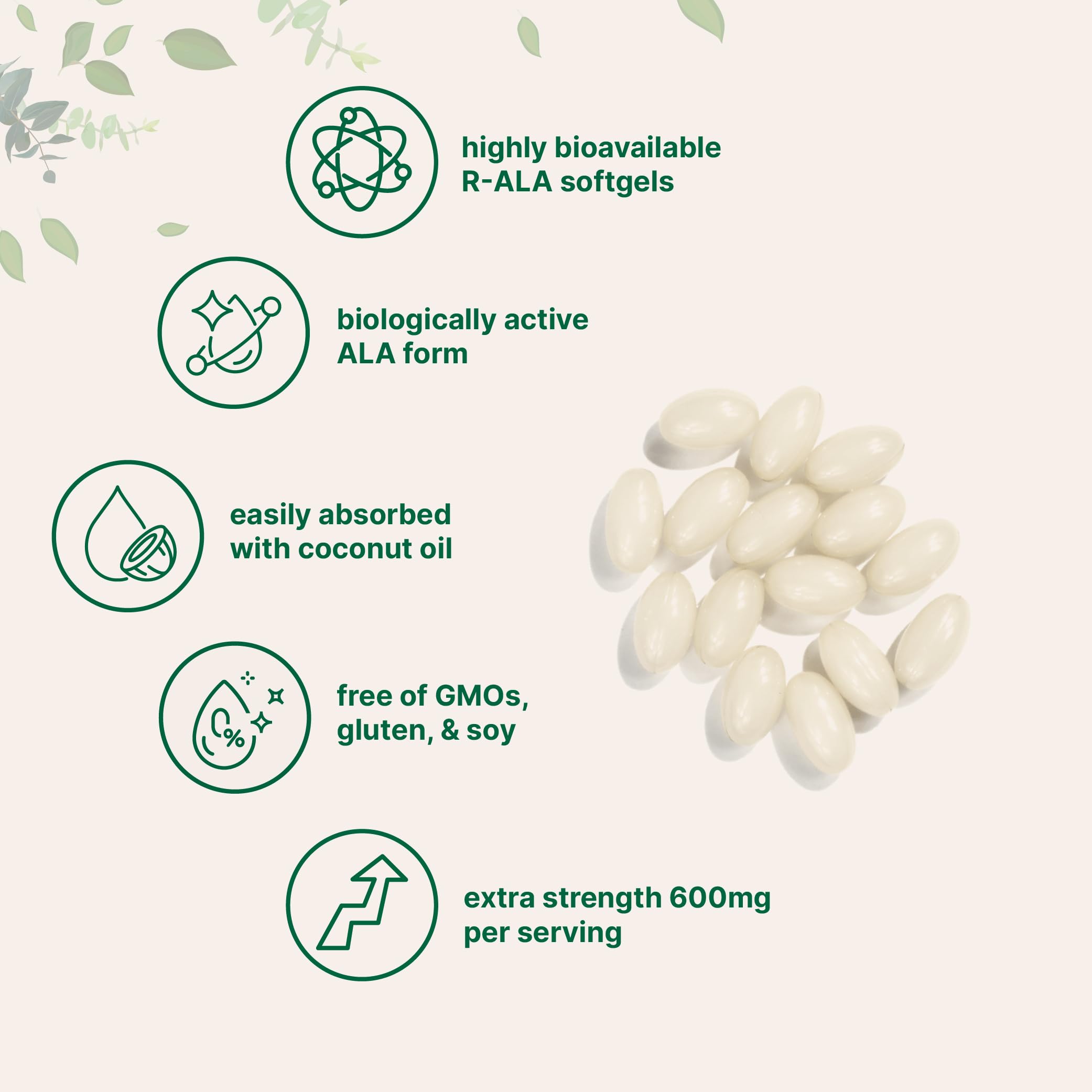R-ALA 600mg bottle from Micro Ingredients with softgels poured for daily use.