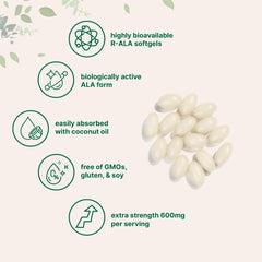 R-ALA 600mg bottle from Micro Ingredients with softgels poured for daily use.