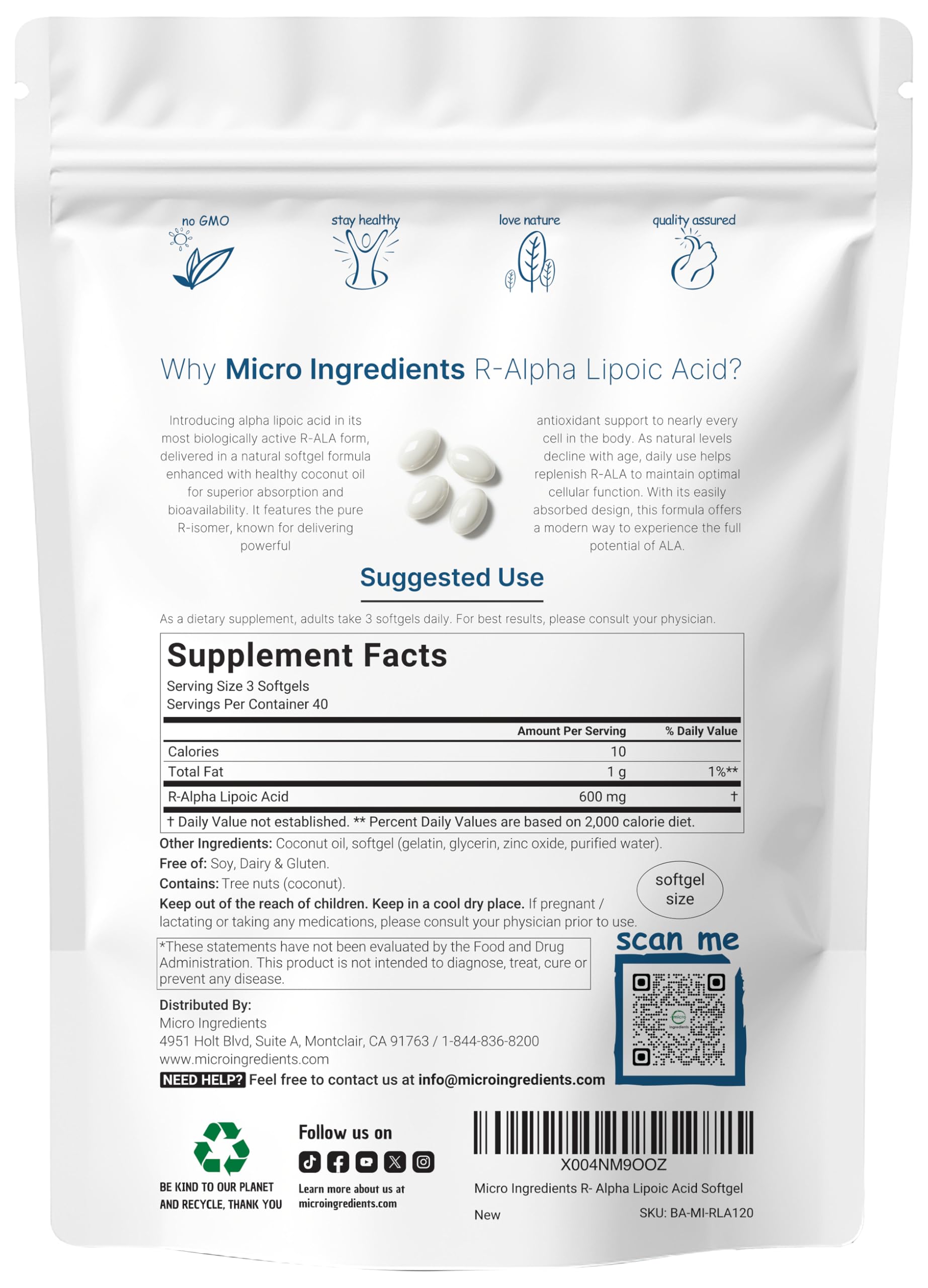 Close-up of Micro Ingredients R-ALA 600mg softgels highlighting bioavailable formula.