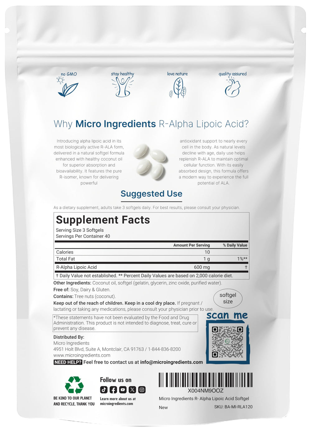Close-up of Micro Ingredients R-ALA 600mg softgels highlighting bioavailable formula.
