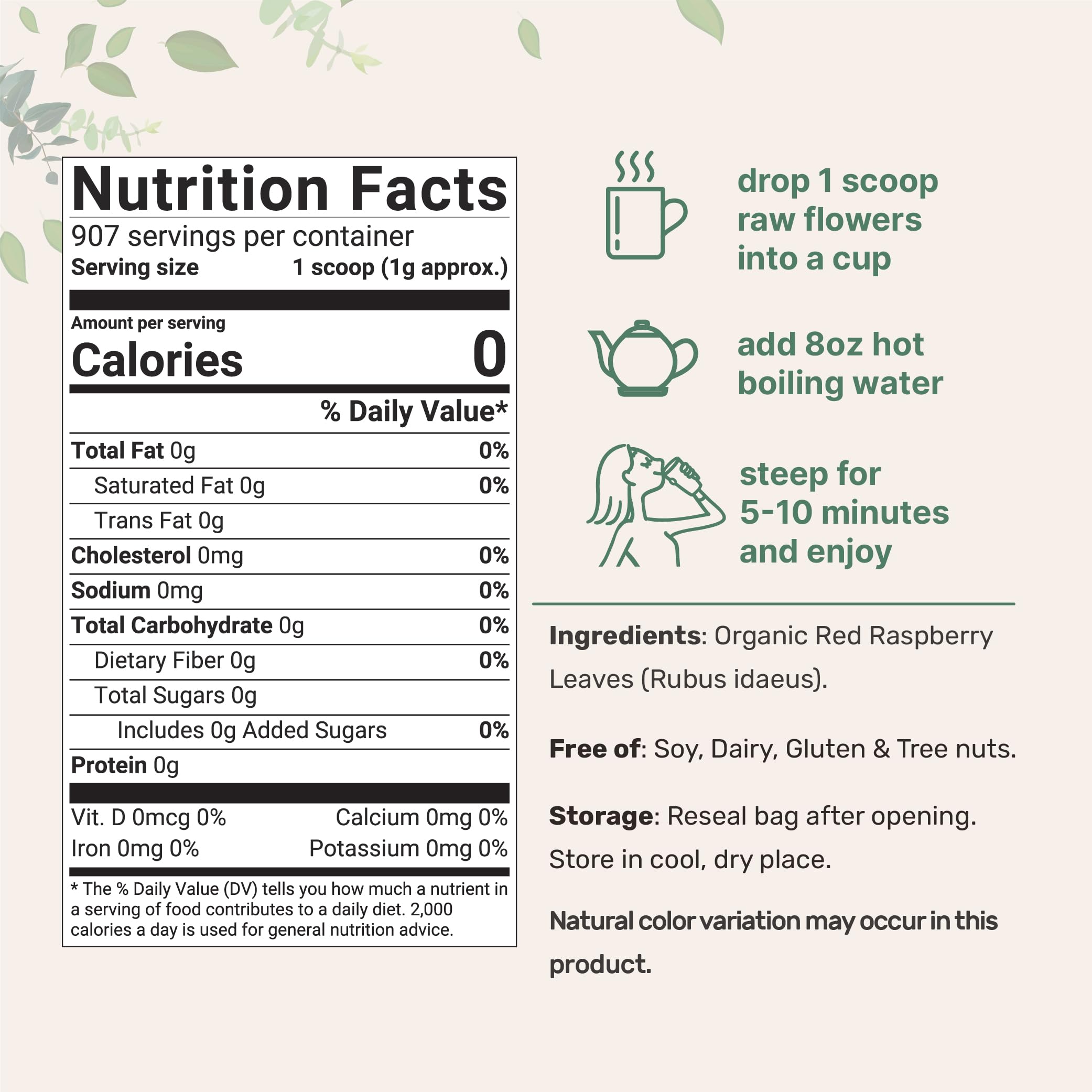 Raspberry leaf tea pouch close-up from Micro Ingredients non GMO sourcing