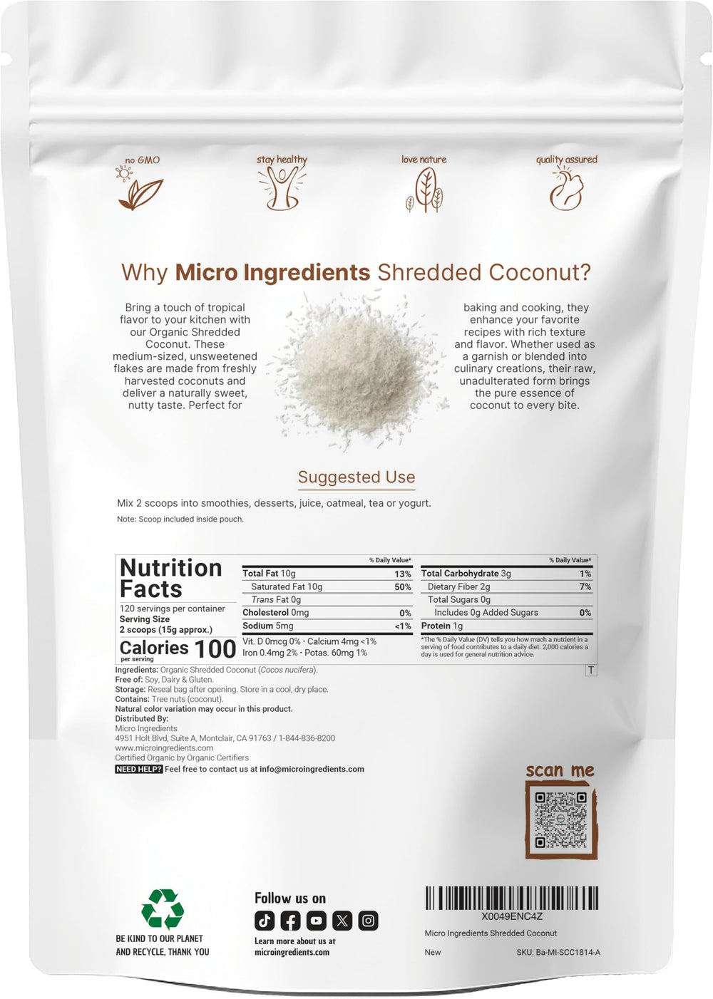 Micro Ingredients raw unsweetened coconut flakes, medium size, ideal for smoothies and cereals.