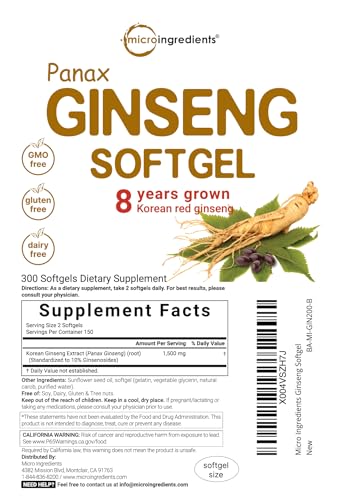 Micro Ingredients red panax ginseng softgels pouch highlighting a high-potency 300-count supply.