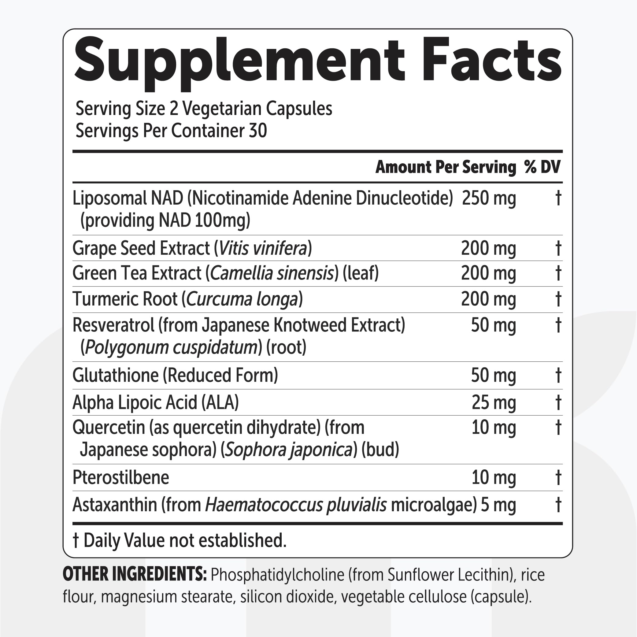 Resveratrol and astaxanthin with NAD+ for antioxidant-supportive notes.