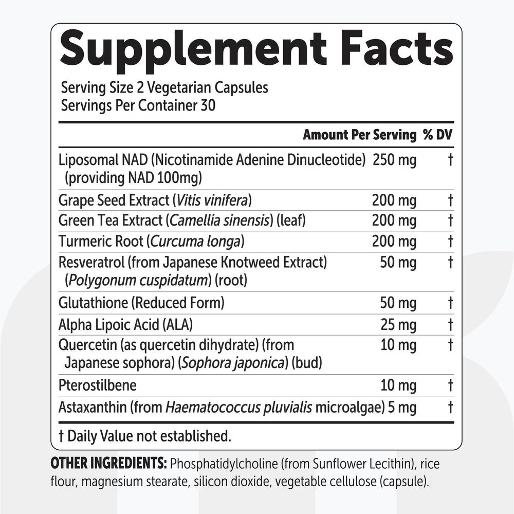 Resveratrol and astaxanthin with NAD+ for antioxidant-supportive notes.