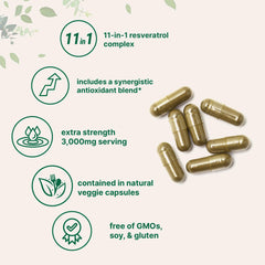 Micro Ingredients Resveratrol NAD Complex ingredients panel highlights potent 11-in-1 formula.