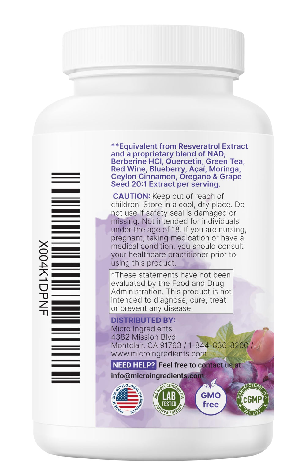 Micro Ingredients Resveratrol NAD Complex packaging highlights vegan capsules and clean production.