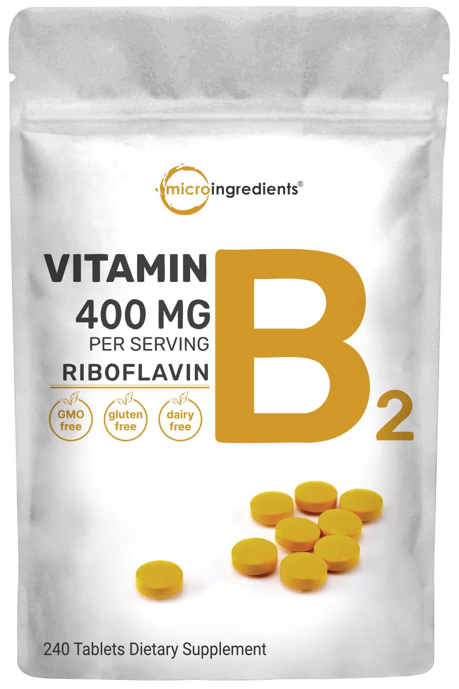 Micro Ingredients riboflavin bottle pour shows easy-to-swallow tablets for daily energy support.