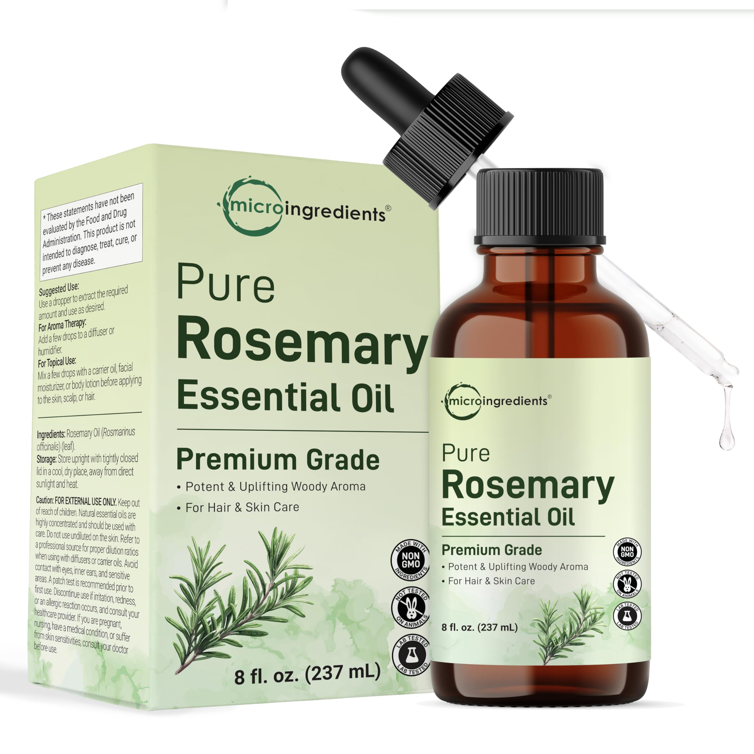 Micro Ingredients Rosemary Essential Oil bottle with dropper for precise aromatherapy use.