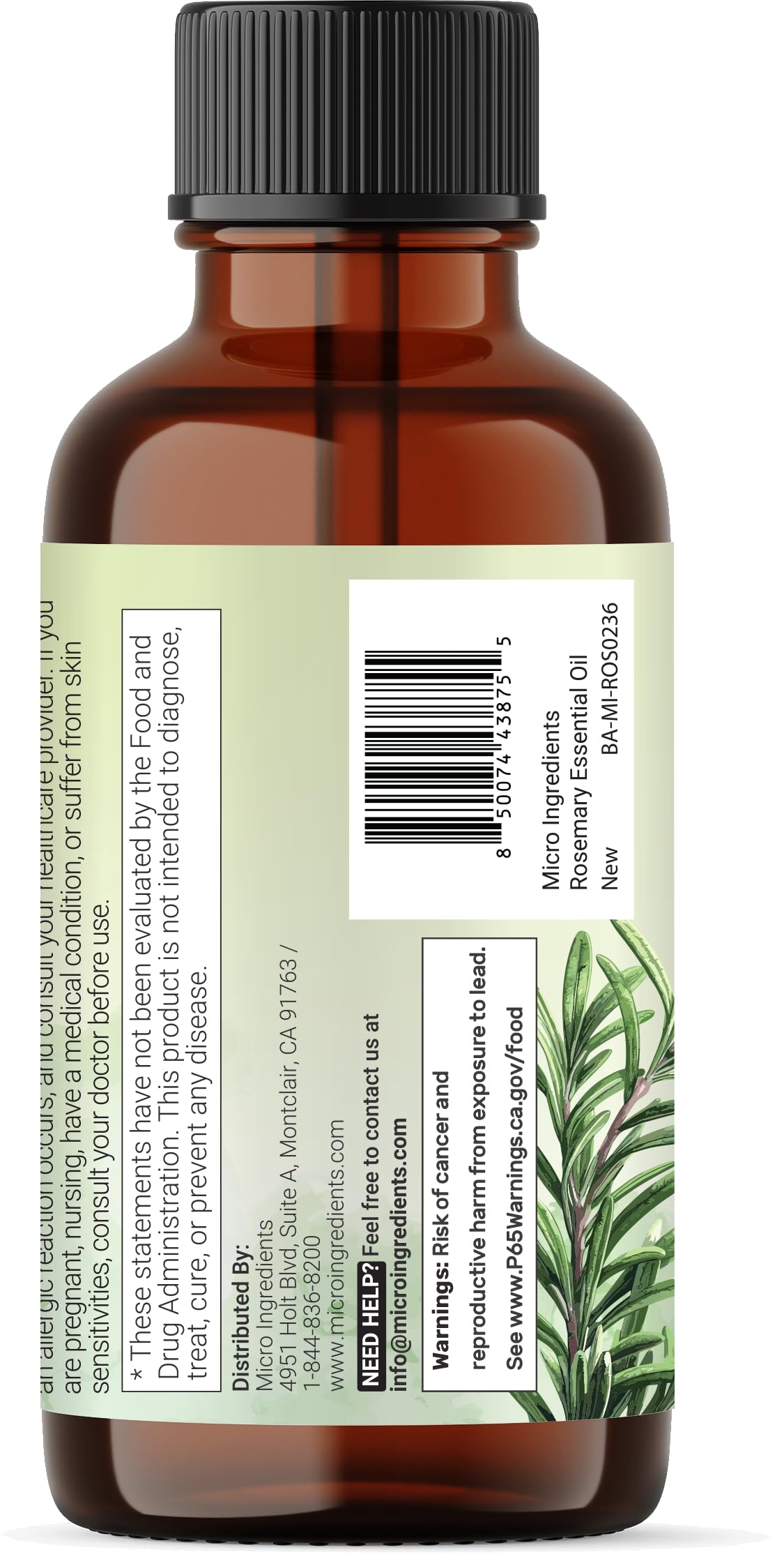 Micro Ingredients Rosemary Essential Oil 8 oz packaging overview.