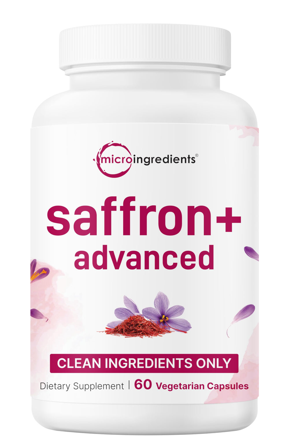 Micro Ingredients Saffron+ bottle with filler-free capsules for daily wellness.