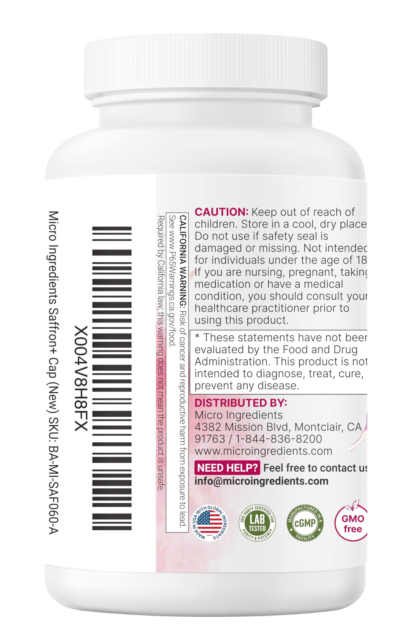 Non-GMO and gluten-free facility badge on Micro Ingredients saffron+ packaging.