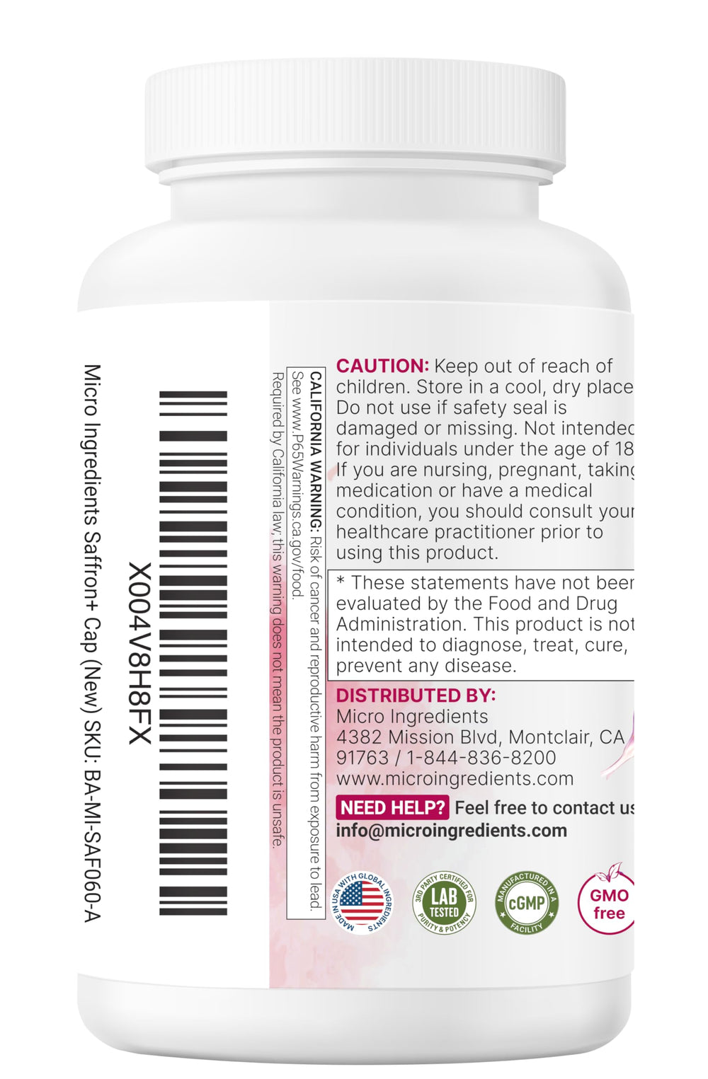 Non-GMO and gluten-free facility badge on Micro Ingredients saffron+ packaging.