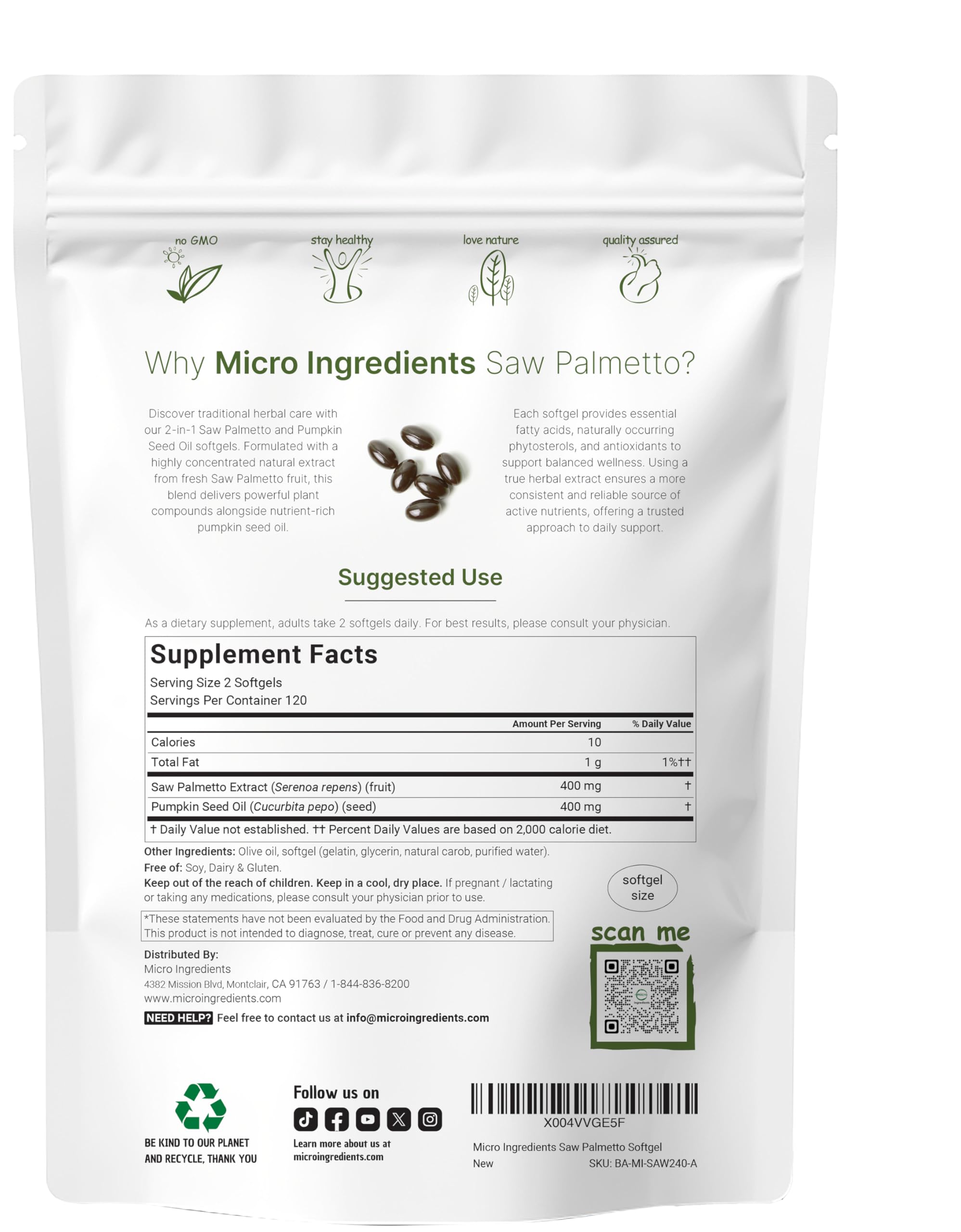 Micro Ingredients Saw Palmetto bottle label close-up showing extract quality for reliability.