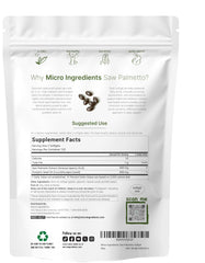 Micro Ingredients Saw Palmetto bottle label close-up showing extract quality for reliability.