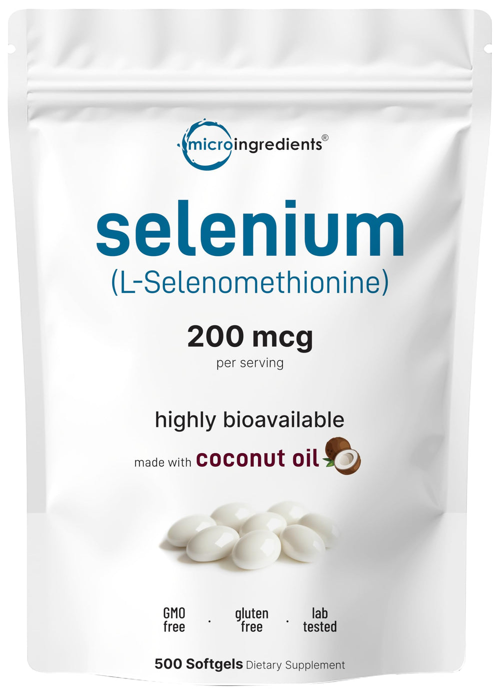 Micro Ingredients selenium softgels bottle with coconut oil for enhanced absorption.