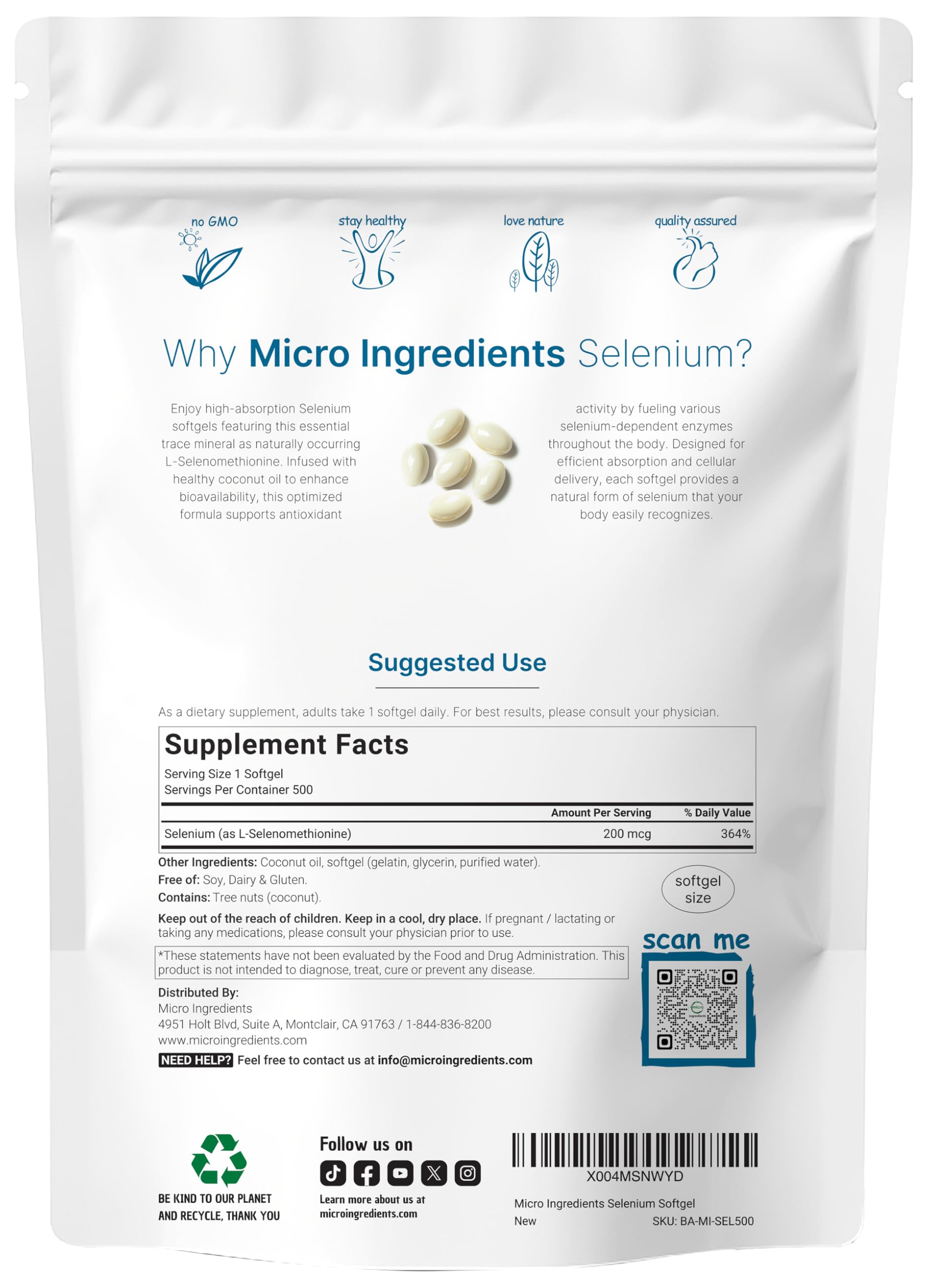 Micro Ingredients selenium softgels capsules close-up for convenient daily use.