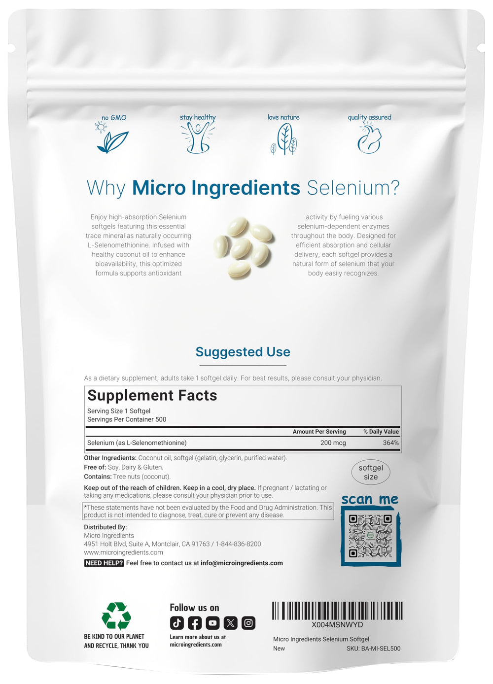 Micro Ingredients selenium softgels capsules close-up for convenient daily use.