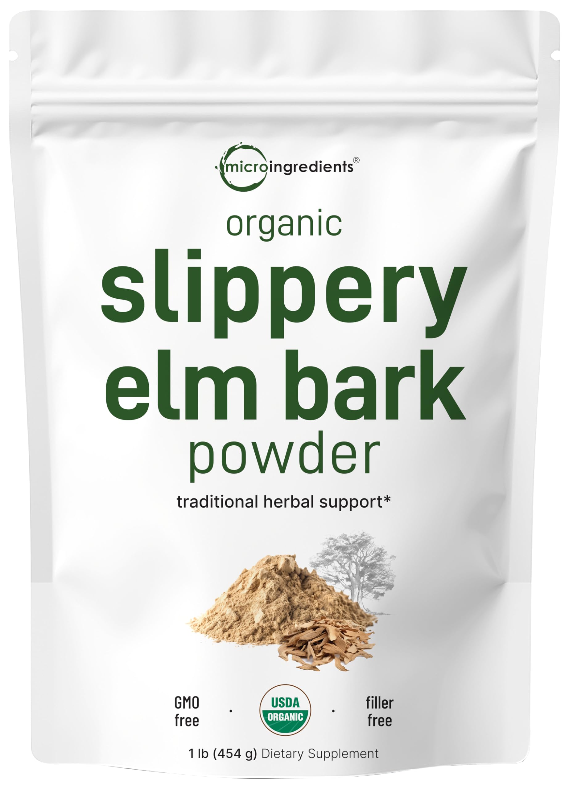 Micro Ingredients slippery elm bark powder packaging highlighting US-grown organic source