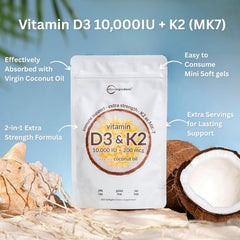 Micro Ingredients D3 and K2 softgels resting in virgin coconut oil for absorption.