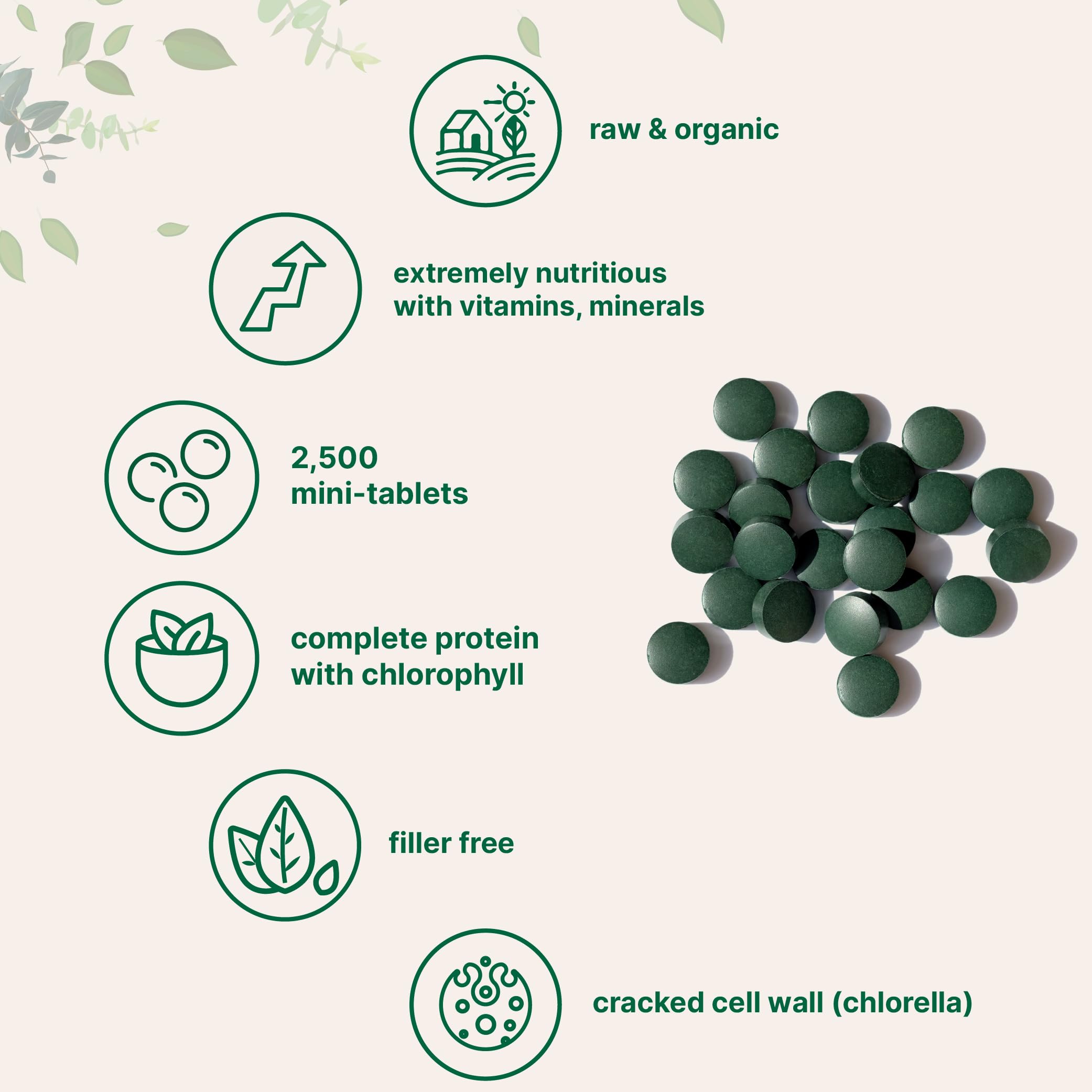 Micro Ingredients spirulina-chlorella mini tablets cracked cell wall for absorption.
