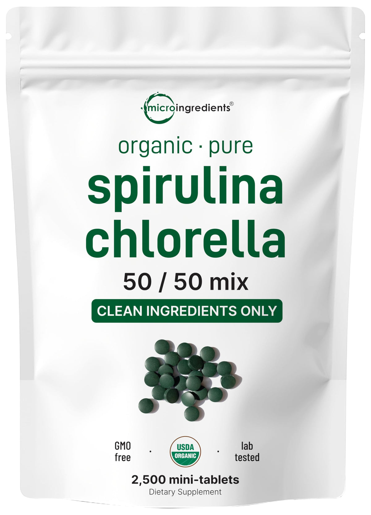 Micro Ingredients spirulina-chlorella mini tablets in packaging, convenient daily vegan supplement.