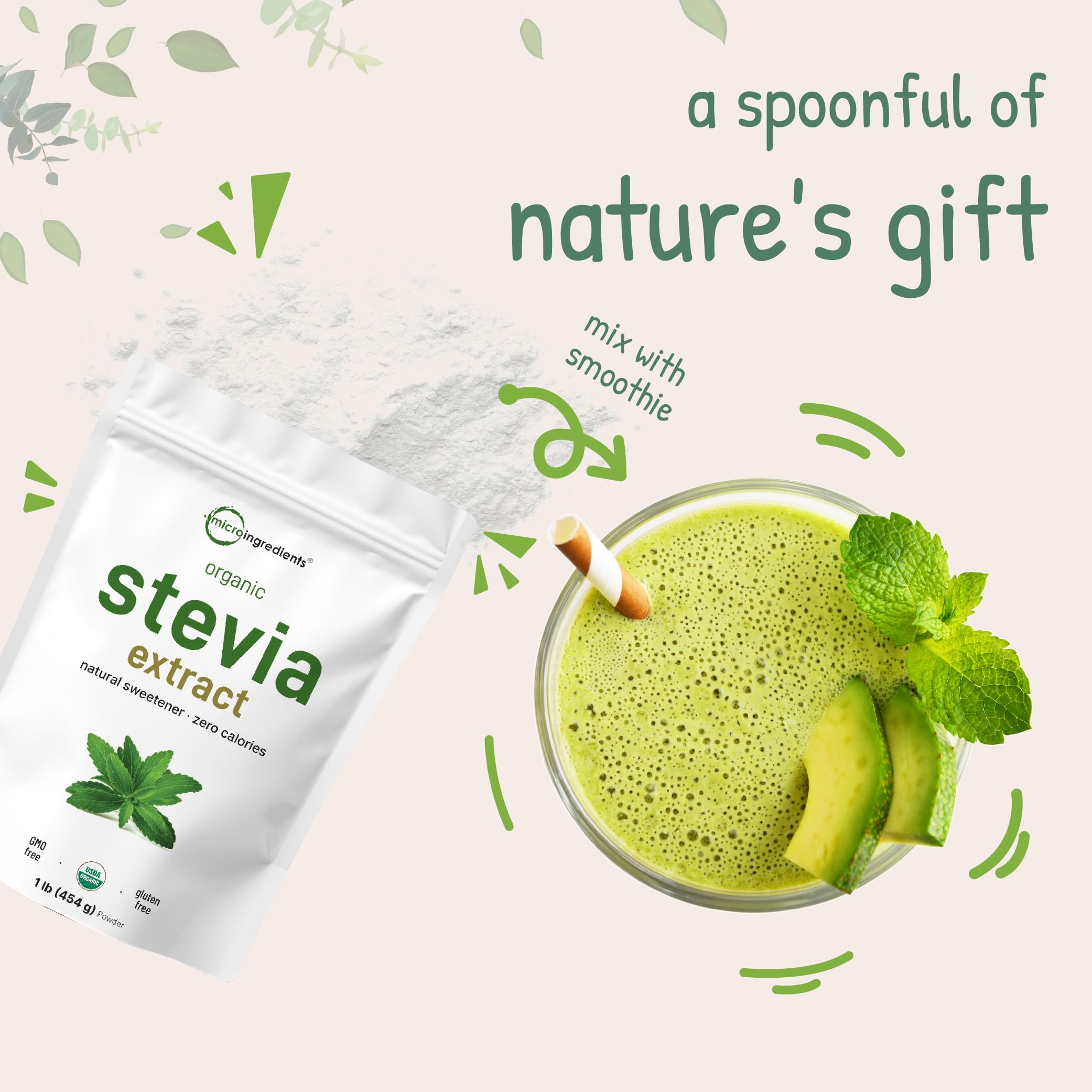 Micro Ingredients Stevia Powder close-up highlighting organic green leaf Reb-A quality.