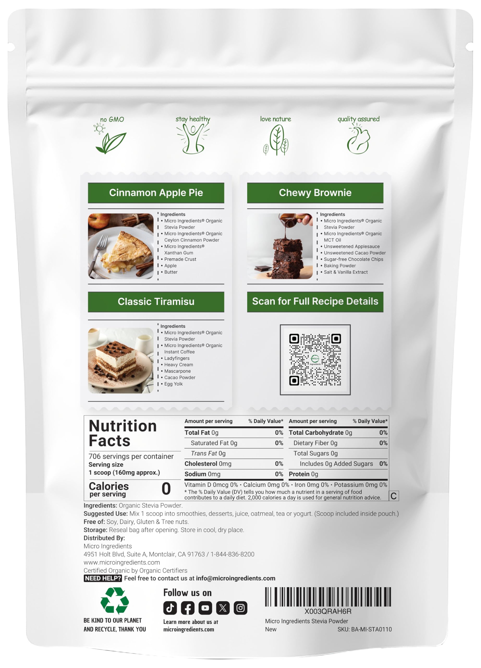Micro Ingredients Stevia Powder scoop shows precise measurement for consistent sweetness.