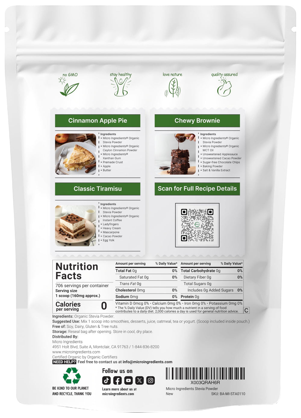 Micro Ingredients Stevia Powder scoop shows precise measurement for consistent sweetness.