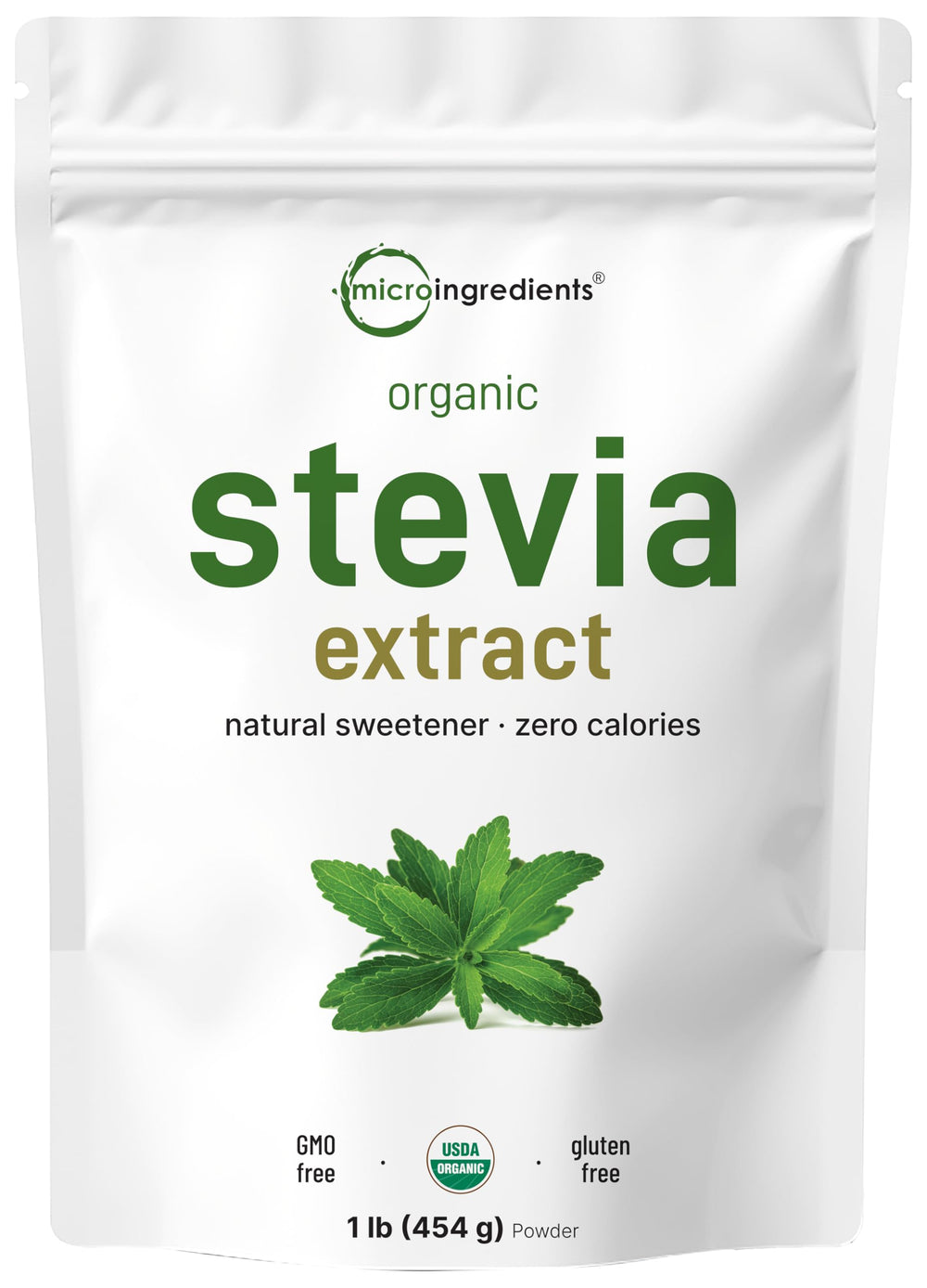 Micro Ingredients Stevia Powder tub showing pure organic sweetener for baking and beverages.